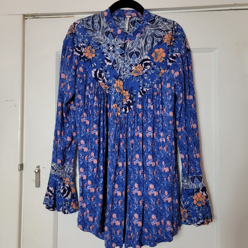 Free People Oversized Collarless Floral Blouse, Size XS